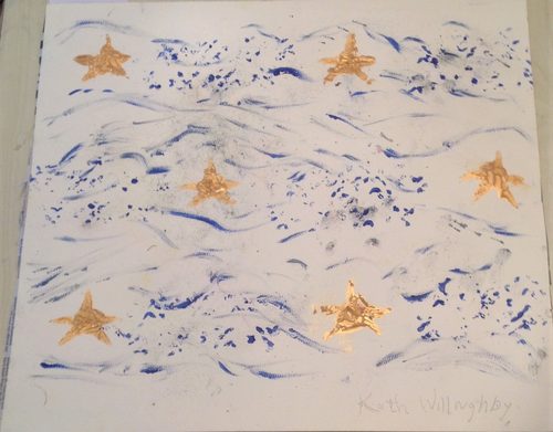 Kath. Starfish in the waves, wallpaper, pastel & acrylic.